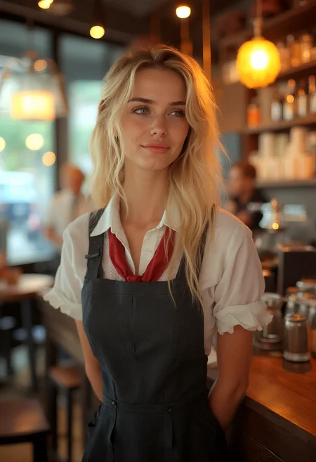 Photorealistic photography of Café environment, with a young 18 years old waitress, blonde hair, in a stylish uniform.