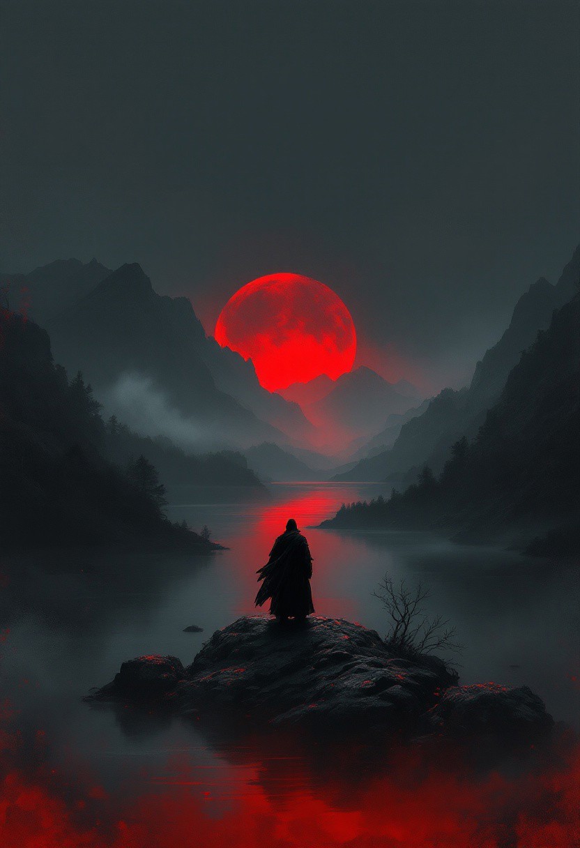 A striking digital painting of a solitary samurai standing atop a rock, overlooking a mystical, misty lake with a blood-red moon rising behind a mountain range. The samurai is shrouded in darkness, evoking feelings of loneliness and introspection, perhaps even foreshadowing impending doom. The artistic style pays homage to Yoshitaka Amano's dramatic use of color and composition, with deep reds and blacks dominating the palette. Subtle greys and misty whites add depth to the scene, while the rough, painterly texture with visible brushstrokes reflects the woodblock print influence. The atmospheric landscape in the background creates a moody ambiance, and the dramatic lighting, with the moon as a strong backlight, casts a silhouette of the samurai. A slight vignette darkens the edges,, poster, cinematic, painting