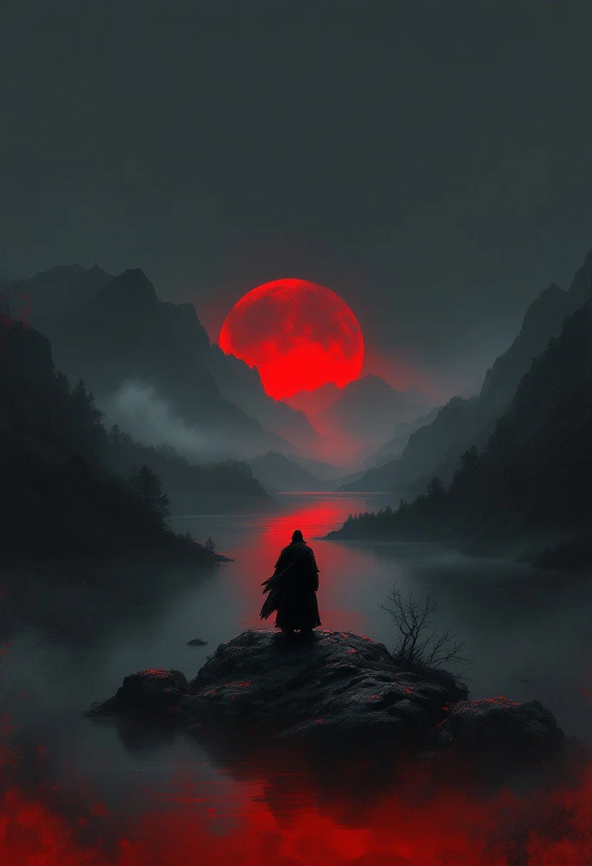 A striking digital painting of a solitary samurai standing atop a rock, overlooking a mystical, misty lake with a blood-red moon rising behind a mountain range. The samurai is shrouded in darkness, evoking feelings of loneliness and introspection, perhaps even foreshadowing impending doom. The artistic style pays homage to Yoshitaka Amano's dramatic use of color and composition, with deep reds and blacks dominating the palette. Subtle greys and misty whites add depth to the scene, while the rough, painterly texture with visible brushstrokes reflects the woodblock print influence. The atmospheric landscape in the background creates a moody ambiance, and the dramatic lighting, with the moon as a strong backlight, casts a silhouette of the samurai. A slight vignette darkens the edges,, poster, cinematic, painting