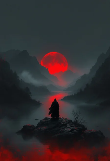 A striking digital painting of a solitary samurai standing atop a rock, overlooking a mystical, misty lake with a blood-red moon rising behind a mountain range. The samurai is shrouded in darkness, evoking feelings of loneliness and introspection, perhaps even foreshadowing impending doom. The artistic style pays homage to Yoshitaka Amano's dramatic use of color and composition, with deep reds and blacks dominating the palette. Subtle greys and misty whites add depth to the scene, while the rough, painterly texture with visible brushstrokes reflects the woodblock print influence. The atmospheric landscape in the background creates a moody ambiance, and the dramatic lighting, with the moon as a strong backlight, casts a silhouette of the samurai. A slight vignette darkens the edges,, poster, cinematic, painting