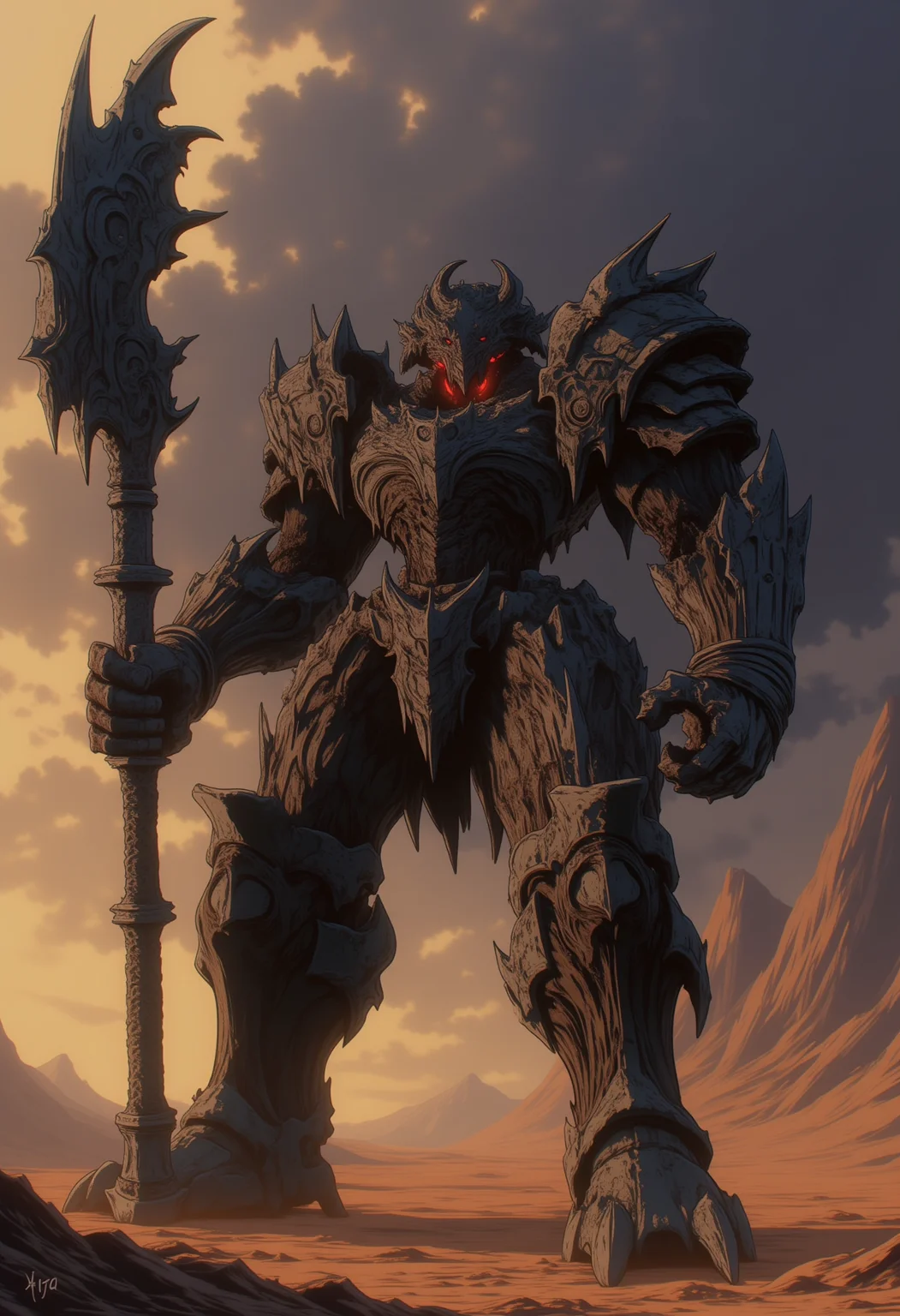 <lora:NeonFantasyPrimeFLUX-000049:1> ne0nfant4sy,
Ironclad Giant, A massive humanoid creature encased in thick, rusted iron armor. Its eyes burn with a fiery glow, and it wields a gigantic, jagged sword that drips with molten metal. The Ironclad Giant is an unstoppable force of destruction, crushing everything in its path.,