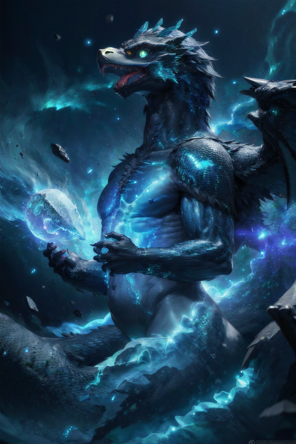 1male, crystal black eagle dragon hybrid, blue belly, holding green fire, green glowing eyes, overcast, god rays, extremely detailed, masterpiece (Realistic:1.5)  <lora:SyFyEye1_v1.0:0.8>