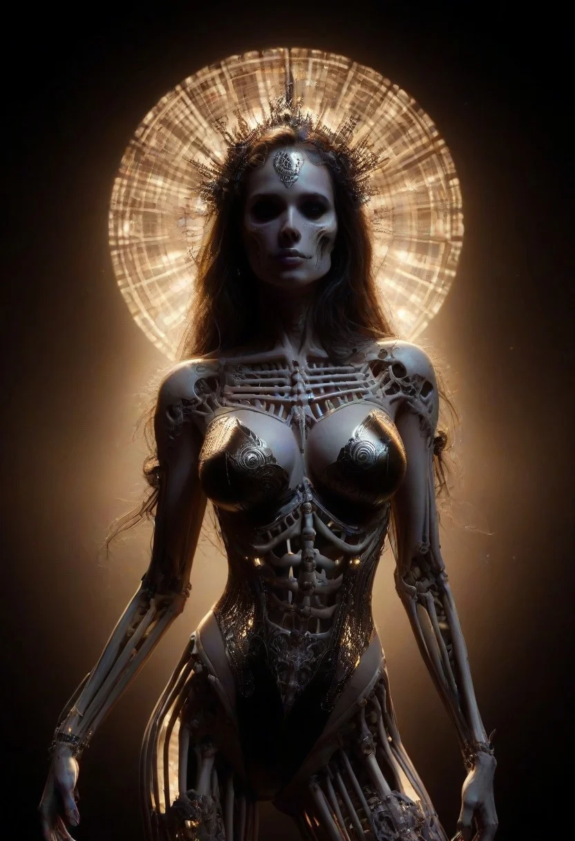 Intricately detailed skeleton Playboy Playmate, Long voluminous hair, large perky breasts, Vibrant dark color scheme, beautiful masterpiece, digital art, dark fantasy, best quality, ultra detailed, hires, 8k uhd, radiant cinematic lighting