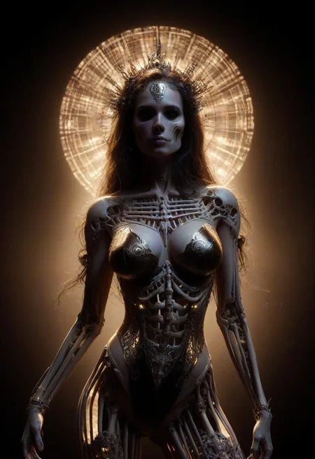Intricately detailed skeleton Playboy Playmate, Long voluminous hair, large perky breasts, Vibrant dark color scheme, beautiful masterpiece, digital art, dark fantasy, best quality, ultra detailed, hires, 8k uhd, radiant cinematic lighting