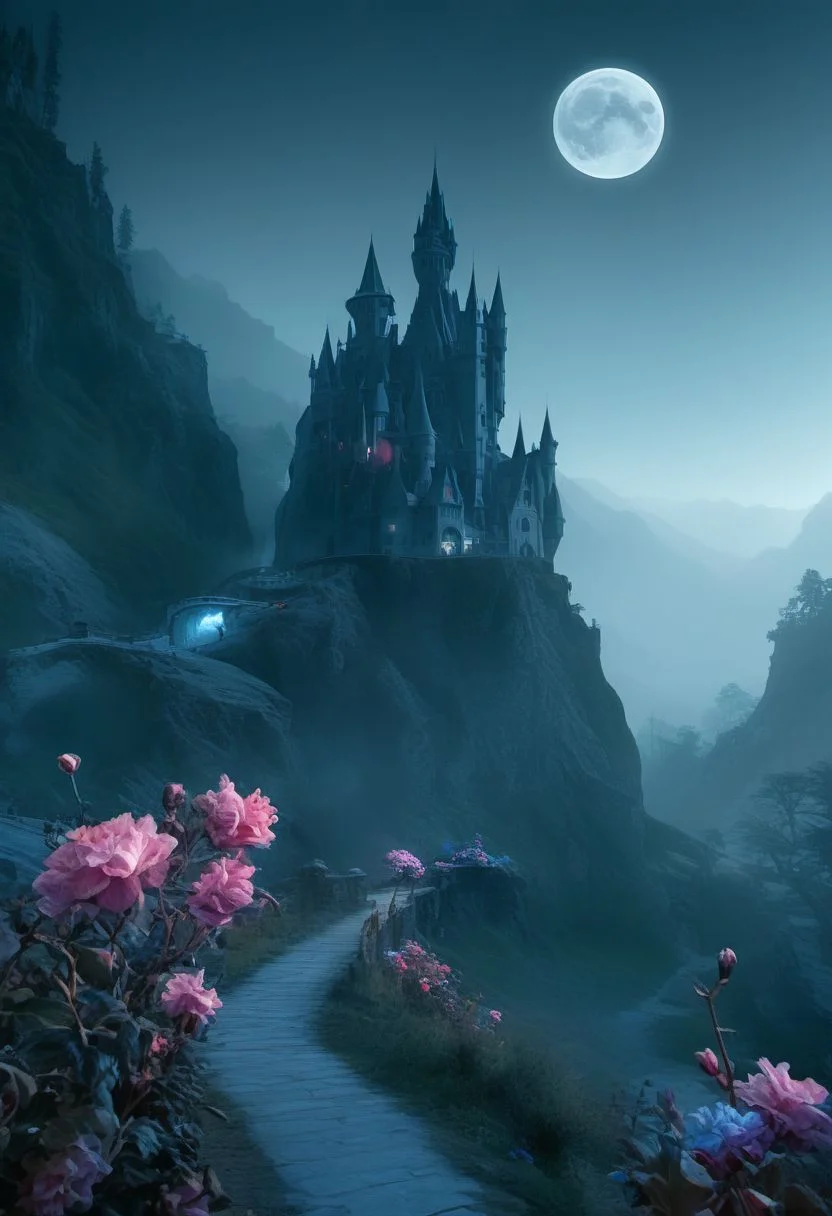 Ultra hyper realistic HDR professional photography Gothic Landscape, mountains, curvy castle in the background, silhouetted cryptids with glowing eyes in the background, moon, glowing portal, midnight, darkness, a lonely road, scattered glowing colorful flowers, horror, creepy, blue tones soft cinematic lights, highly detailed, sharp focus, high contrast, saturated, digital painting, concept art, illustration, trending on artstation, dynamic lighting, by emylie boivin and rossdraws and karol bak and phil hale and ashley wood and, Magic realism painting art style, surreal compositions, vibrant colors, blurs the line between reality and fantasy