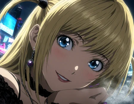 1girl, portrait of Misa Amane, death note, Modern Anime, adult female, From Death Note anime, best quality, 8K, DSLR quality, Bloom Lighting, Good Face, Beautiful Face, Slim, highly detailed, glow, extreme details, fog, smoke, blond hair, full body, happy, smile, perfect eyes, <lora:perfect-eyes:1>, perfecteyes, eyes reflection, detailed eyes, upper body, hdr quality, full of color, smoke, cinematic, night, moon light, 2010s, windy, hair swaying in wind, purple nail polish, nigh time, blue eyes, grainy, chromatic aberration, adult woman, Depth of field effect, uwu, cute, blush, perfecteyes, eyes reflection, detailed eyes, upper body, shy smile, hdr quality, hands doing cute pose, full of color, smoke, cinematic, in city, times square, no crowd, <lora:misa_amane-step00000862:1>