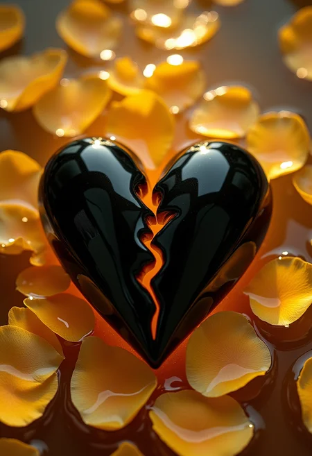A black glass heart, split in half, lies in golden water, with many golden petals scattered around in the water