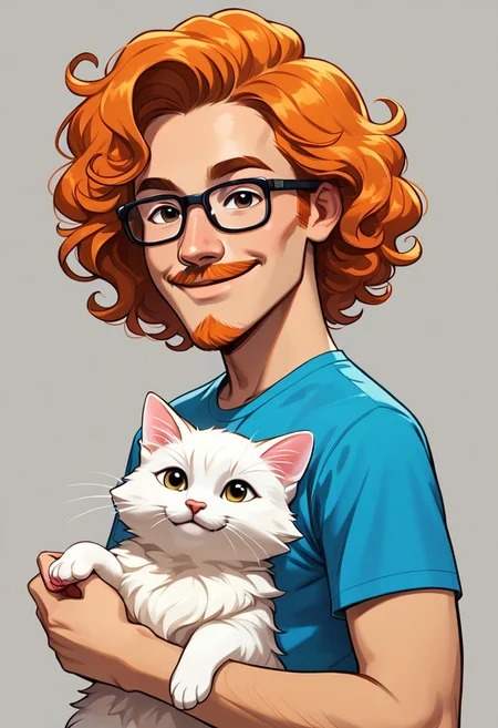 score_9, score_8_up, score_7_up, score_6_up, 2d, BREAK CasGAC, 1boy, man, mature, handsome, smile, veterinarian, closed mouth, curly hair, short hair, orange hair, lush orange beard and lush mustache, brown eyes, black-rimmed glasses, big nose, medical blue T-shirt, medical blue shirt, yellow paw pattern on the left side of the chest, BREAK a white-gray cat, a fluffy cat, BREAK holding a cat with both hands, standing, cowboy shot, semi-sideways, half-sideways, looking at viewer, BREAK simple background, gray gradient background, rim light