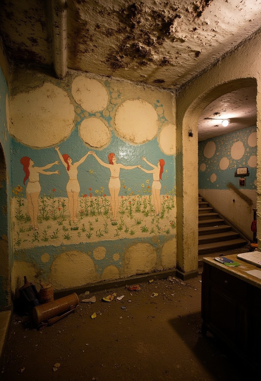 In a dark cellar, a flash photo of a very old, weathered graffiti, the paint is faded, mouldy and wet, individual stones are falling out of the plaster and paint flakes are lying on the floor, but you can still faintly make out the graffiti image of a beautiful garden with dancing women, the colours are still partly rich, in turquoise beige Art Nouveau style
