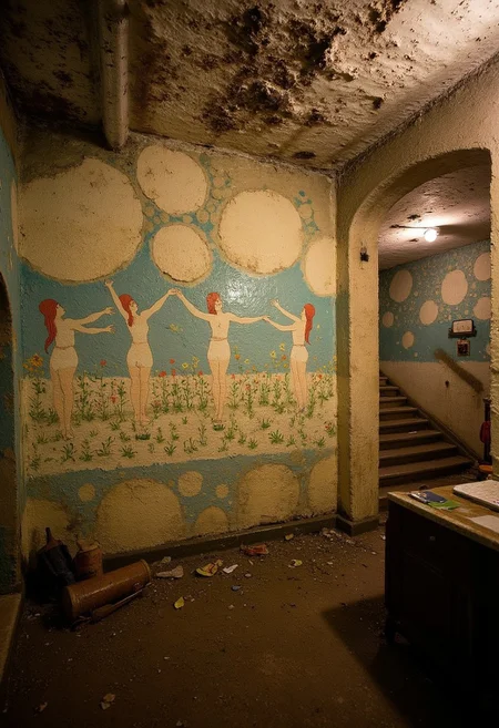 In a dark cellar, a flash photo of a very old, weathered graffiti, the paint is faded, mouldy and wet, individual stones are falling out of the plaster and paint flakes are lying on the floor, but you can still faintly make out the graffiti image of a beautiful garden with dancing women, the colours are still partly rich, in turquoise beige Art Nouveau style