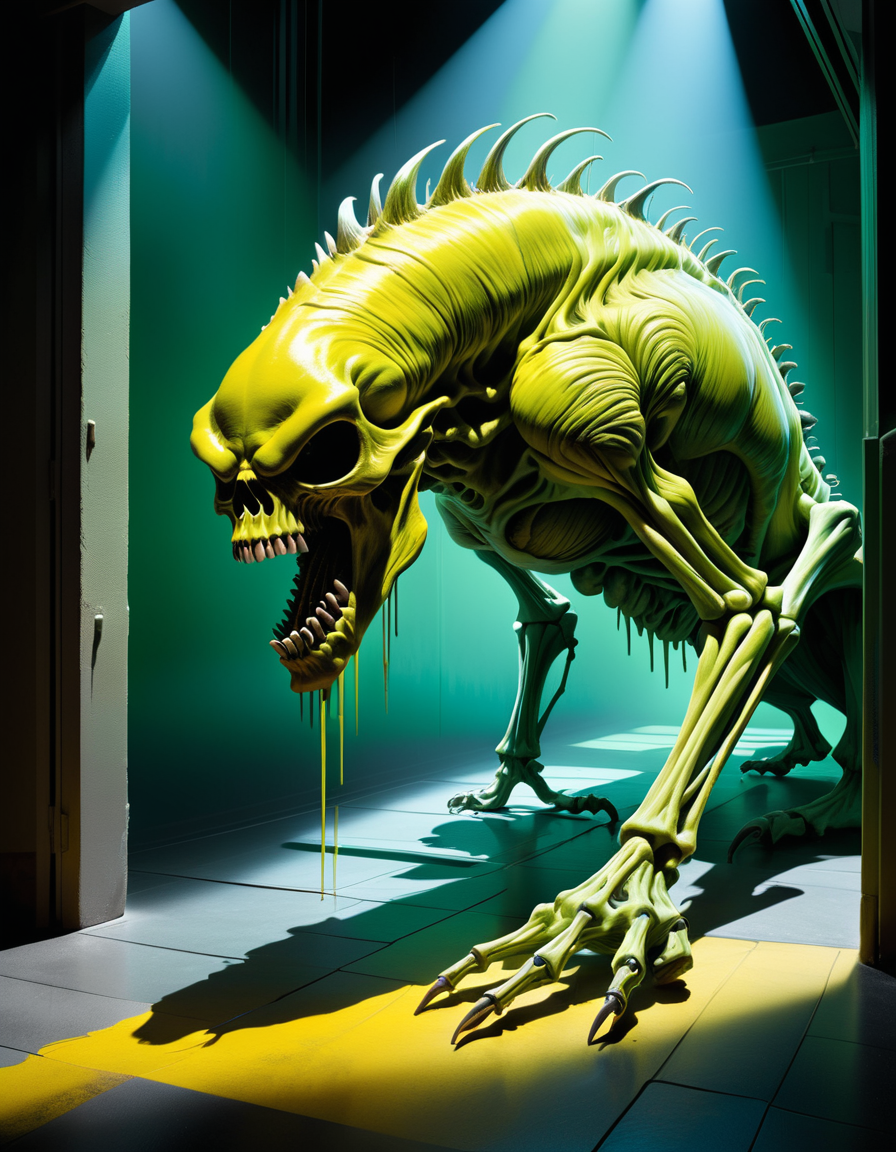 by (Shusei Nagaoka:1.2) and (Ian McQue:1.1), hyper realistic medium full shot photo of a (monster lurking in the shadows:1.1), (iridescent , yellow , masterful:1.4), poster art, bold lines, green slime skeleton <lora:ral-chrosc-clr:1> ral-chrosc-clr