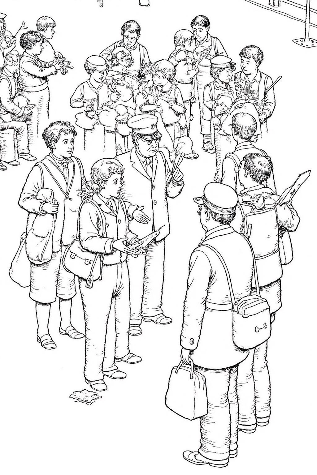 whrob1 illustration. 
A chaotic scene at a train station. In the centers are a group of tourists talking to a train conductor. Behind them are peole looking at their maps. <lora:whrob1_cap_d6a3e11:1.0><lora:828456108864681038:0>
