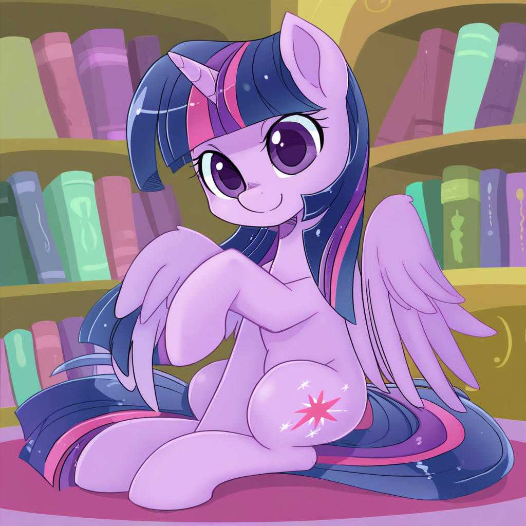 shepherd0821, my_little_pony, twilight_sparkle_(mlp), equid, equine, mammal, alicorn, winged unicorn, hi res, feral, cutie mark, feathered wings, feathers, female, fluffy, fluffy tail, fur, furniture, hair, hooves, horn, library, long hair, multicolored hair, purple body, purple eyes, purple feathers, purple fur, purple hair, solo, tail, two tone hair, wings, smile