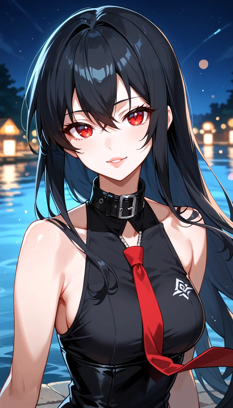 score_9, score_8_up, score_7_up, Anime Style, Portrait, Akame ga Kill!, cute, seductive, innocent, light smile:0.3, plump lips, slender body, very long black hair, red eyes, black dress, sleeveless, detailed white collar, long red tie, ultrahigh resolution textures, bokeh, moonlight passing through hair, night, lake background, depth of field, dynamic angle, fashion photography, sharp, hyperdetailed:1.15
