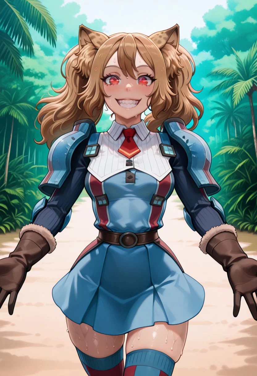 1 girl, LovUEruza, light brown hair, EruRedEyes, red eyes, EruPigtails, CheetahEars, EruSharpTeeth,
blue armor, striped armor, shoulder armor, collared shirt, ribbed shirt, red necktie, short necktie, brown gloves, blue skirt, blue thighhighs, red striped thighhighs, brown boots,
sweaty, spunky grin, open mouth, looking at you, looking at the viewer, posing for a photo, she is visiting Chichen Itza but it too hot, piece hand gesture,
outdoors, green lush jungle, Ch1chen,,
cowboy shot,
HateIsOn,
masterpiece, best quality, newest, absurdres, highres, ,amazing quality, (masterwork, masterpiece, best quality, hyper-detailed, 8k uhd::1.4),
IllusP0s, masterpiece,best quality,amazing quality,very aesthetic,high resolution,ultra-detailed,absurdres,newest, masterpiece, best quality, amazing quality, very aesthetic, detailed eyes, perfect eyes, realistic eyes, IllusP0s