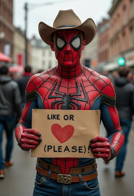 Stunning photograph of a guy in dirty spiderman suit. cowboy shot, He is holding a sign that says "Like or (heart emoticon) please "