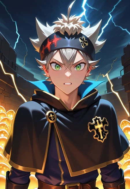 masterpiece, best quality, intricate details, (realistic:0.6), , 1boy, solo, male focus, <lora:asta_black_clover_ilxl:1>, asta_black_clover, grey hair, green eyes, short hair, spiked hair, black headband, black capelet, , storm fortress, thunder pillars, lightning walls, wind barracks, shielding pose, steadfast expression, tempest glow, easter costume