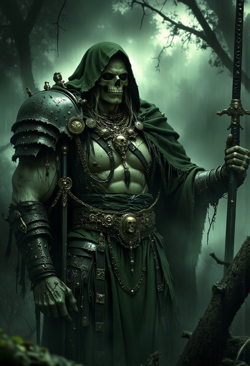 masterpiece, an army of undead skeleton warriors, ancient asian armour, swords, materialises from the mist, HD32K, wallpaper, hyperdetailed, mythp0rt, ArsGreenMistWorld, ArsMJStyle, dnddarkestfantasy