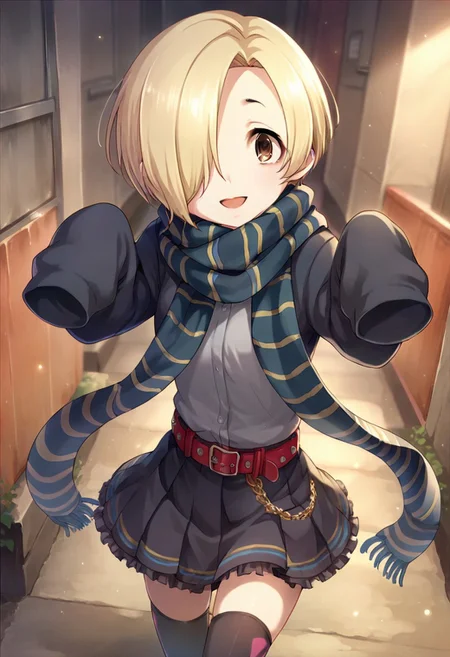 score_9, score_8_up, score_7_up, source_anime, shirasaka koume, blonde hair, hair over one eye, short hair, brown eyes, 1girl, solo, scarf, skirt, thighhighs, smile, open mouth, looking at viewer, striped, belt, black thighhighs, sleeves past wrists