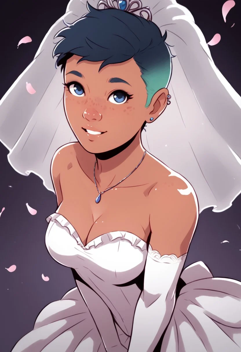 score_9, score_8_up, score_7_up, score_6_up, davecheung-dh, view from above, dynamic angle,1girl, solo, rileyfairfeather, (dark skin), undercut, multicolored hair, freckles, makeup, piercing, wedding veil, wedding dress, frills, elbow gloves, pendant, looking at viewer, happy, holy light, flying petals, flying feathers <lora:Artist_Style_-_Dave_Cheung:0.7> <lora:rileyfairfeather-guy-PONYv1:0.7>