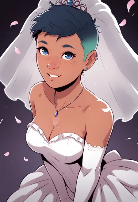 score_9, score_8_up, score_7_up, score_6_up, davecheung-dh, view from above, dynamic angle,1girl, solo, rileyfairfeather, (dark skin), undercut, multicolored hair, freckles, makeup, piercing, wedding veil, wedding dress, frills, elbow gloves, pendant, looking at viewer, happy, holy light, flying petals, flying feathers <lora:Artist_Style_-_Dave_Cheung:0.7> <lora:rileyfairfeather-guy-PONYv1:0.7>