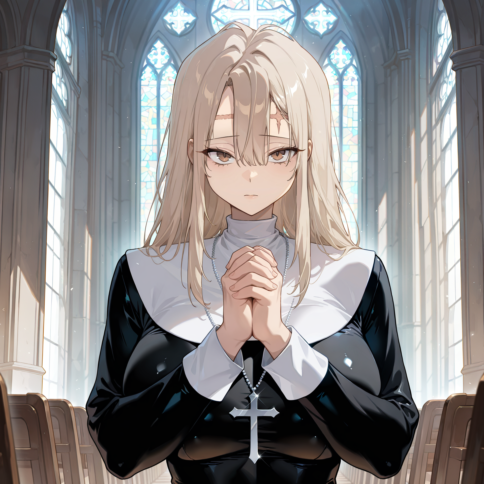 masterpiece, best quality, amazing quality, very aesthetic, absurdres, newest, scenery, 1girl, solo, big breasts, <lora:Rachel_Juvenile_Law__Illustrious:1>, blonde hair, long hair, brown eyes, forehead scar, looking at viewer, nun, nun outfit, cross, praying, church, hair between eyes, bangs