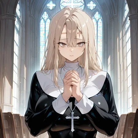 masterpiece, best quality, amazing quality, very aesthetic, absurdres, newest, scenery, 1girl, solo, big breasts, <lora:Rachel_Juvenile_Law__Illustrious:1>, blonde hair, long hair, brown eyes, forehead scar, looking at viewer, nun, nun outfit, cross, praying, church, hair between eyes, bangs