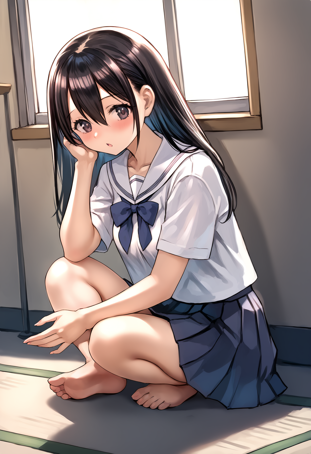 score_9, score_7_up,source_anime,rating_explicit,uncensored,anatomically correct,best perspective BREAK
 <lora:nananeusuro3:1> nananeusuro3
1girl, blush, black hair, long hair, hair between eyes, school uniform, barefoot,
 <lora:SittingCrossLeggedV1:1> cr0ssl3gg3d, sitting cross-legged