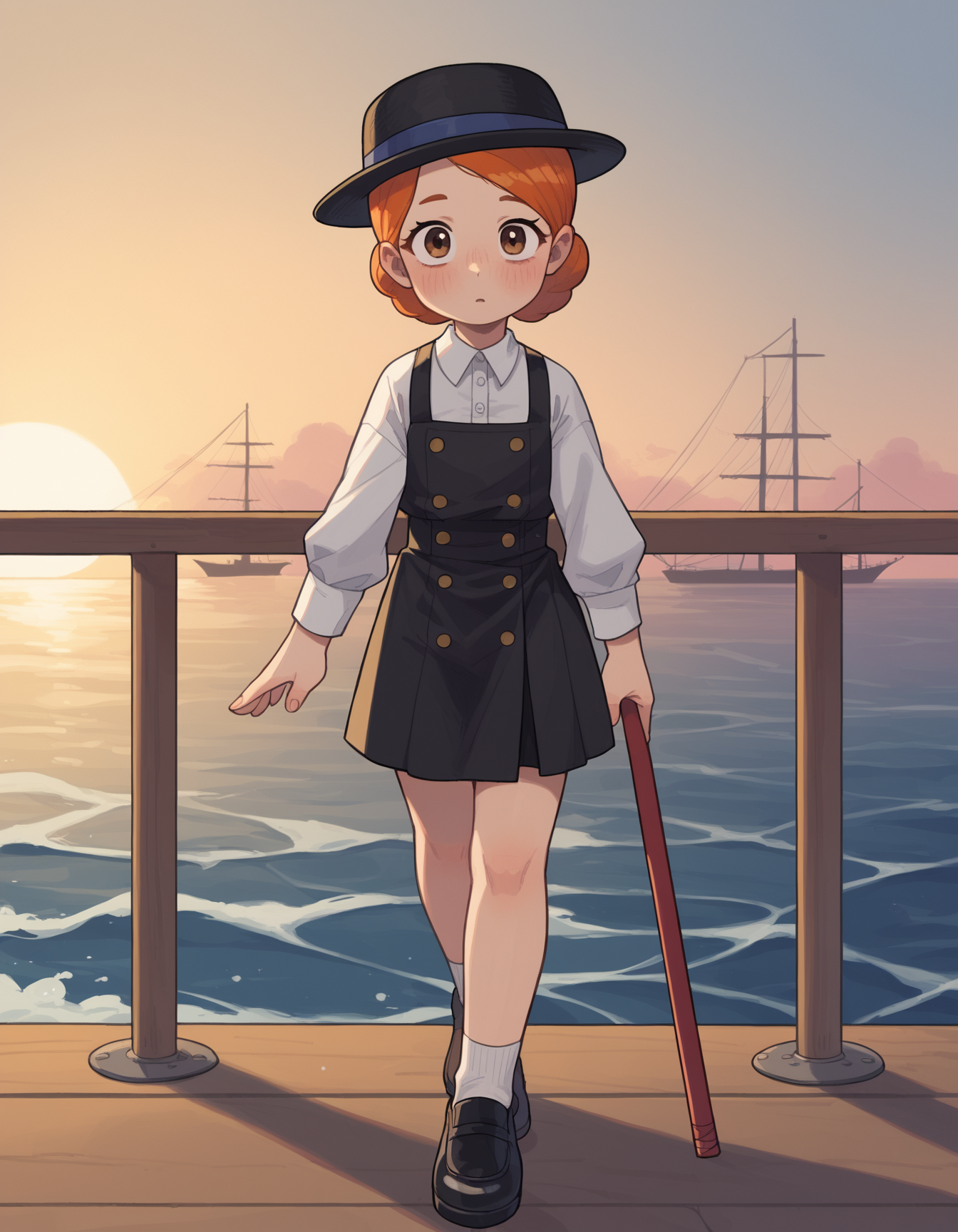 zPDXL, score_9, score_8_up, score_7_up, source_anime,
1girl, solo, (esthetic gangster) young woman, american, hazel eyes, light tan skin, voluptuous build, wearing a deep burgundy  three-piece suit, bowler hat, patent leather shoes, ginger hair, walking cane, holding a Tommy gun, set in the year 1920, in a foggy dock, with ships moored at the pier, the sound of waves lapping against the hulls, and the distant call of a foghorn, at sunset,  <lora:PossumMachine_v2:0.8> possmach, little girl, child, flat chest