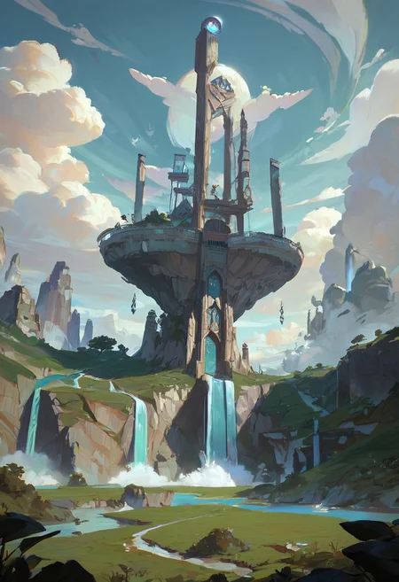 score_9, score_8_up, score_7_up, score_6_up, arkn, detailed drawing, floating island, waterfall, blue sky, thick clouds, sun shining, landscape focus,
