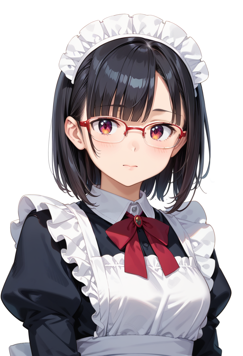 score_9, score_8_up, score_7_up, rating_safe, masterpiece, best quality, absurdres, unity 8k wallpaper, official art, official style, source_anime, uncensored, game cg, megami magazine,
1girl, solo, black hair, medium hair, upper body, covered eyes,maid, maid headdress, black dress, maid apron, face focus,
halfrim17s,  still life, white background, simple background, red-framed eyewear,
 <lora:glasses_halfrim17S_PONY_V1:1>