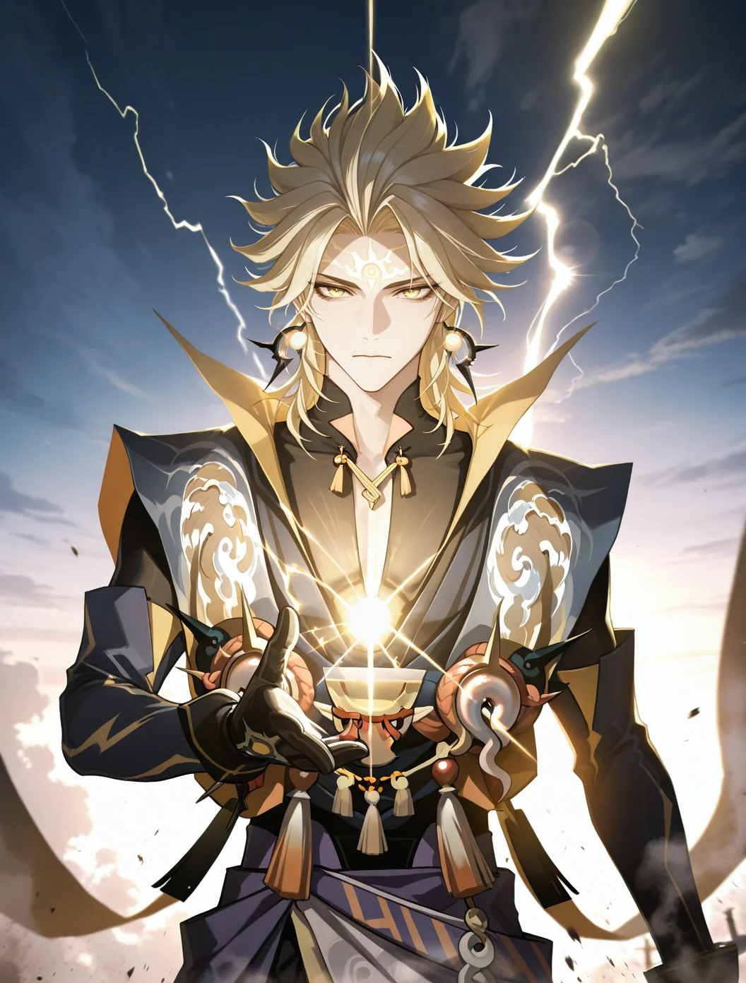 masterpiece,best quality,amazing quality,absurdres,volumetric lighting,very aesthetic,newest,highres,facing viewer,front view,
(solo:1.3),1boy,male,<lora:susanoo_onmyoji-000010:1>,susanoo \(onmyoji\),blonde hair,yellow eyes,facial mark,forehead mark,male focus,earrings,jewelry,gloves,serious,black gloves,spiked hair,bishounen,looking at viewer,electricity,lighting,holy,sacred,floating clothes,
<lora:ClearHand-V2:1>,glint,beautiful_detailed_eyes,slanted_eyes,sharp_eyes,solid_eyes,light_eyes,<lora:backlighting_il_2_d16:0.9>,backlighting,bokeh,lens flare,outdoors,outdoors,sky,cloud,illustration,finely detail,colorful refraction,beautiful,cinematic lighting,sky,night,smoke,space,battle,whiskers,dust,Intensive lightning,