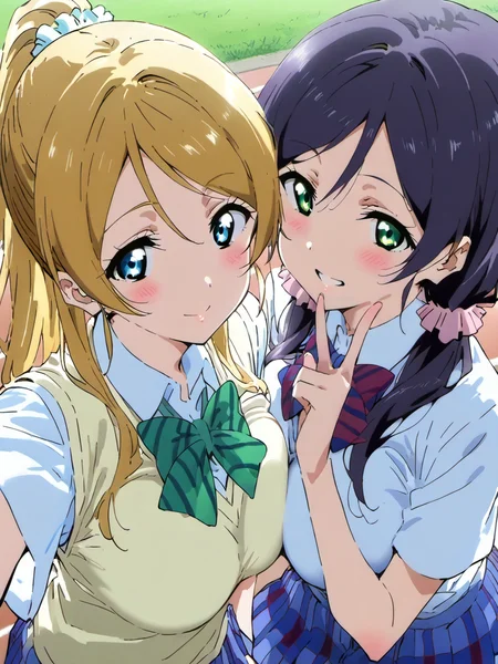 score 9, score 8 up, score 7 up, source anime, high res image, cute face, clear skin, shiny hair, ultra detailed eyes,BREAK
Urban River View,2girl,<lora:Couple_Selfie:0.6> Couple Selfie,  || Couple Selfie, 2girls, || sitting, || looking down top, looking at viewer, hands up, holding hands,|| <lora:AIã¤ã©ã¹ããããã:0.5>,BREAK
(1girl,upper body, p<lora:eli-ayase-s1-ponyxl-lora-nochekaiser:0.8> eli ayase, yellow hair, (blue eyes:1.2),long hair,(ponytail:1.2), hair ribbon, || otonokizaka school uniform, pleated skirt, school uniform, short sleeves, skirt, summer uniform, sweater vest, yellow sweater vest, || closed mouth ,light smile, selfie, ),BREAK
(1girl,upper body, <lora:Nozomi_Tojo_r1:0.8> long hair, purple hair, (green eyes:1.2), (low twintails1.2), large breasts, Nozomi school uniform || Otonokizaka school uniform, pink scrunchie, skirt, black thighhigs, bow, | summer uniform, v,grin,)BREAK ,