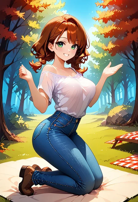 score_9, score_8_up, score_8, perfect, full body shot, extremely detailed face, curvy body, average height, front view, detailed perfect hands, 1girl
sexy 25 year old girl, auburn hair, reddish-brown hair, highlights, medium length hair, braided twintails, light blue-green eyes, smiling, medium teardrop breasts, perky breasts, white shirt, jeans, brown boots, attracted to viewer, 
beautiful face, blushing, wavy hair, slender body, white skin, looking bashful, soft smile
semi realistic, anime, 3th3r34l,big smile, big cheesy smile, big goofy smile, front view, leaned back,, leaning back, smaller chin, soft chin, oval face, hands up, super thick thighs, slim butt, wide shoulders, swimmer’s build, really wide shoulders, tiny butt
medium wavy auburn hair, auburn hair, , side view,calm expression, outdoors, forest, trees, grassy field, blue and purple sky, stylistic, standing up, front view, , bending over, picnic blanket, calm expression, illustration, vibrant colors, intricate details, 8k wallpaper, (Depth of field, cinematic angle, cinematic lighting:1.2), (masterpiece:1.2), (best quality:1.2), (very aesthetic:1.2), (absurdres:1.2), newest, intricate, Expressiveh, freebos_smoothiestyle