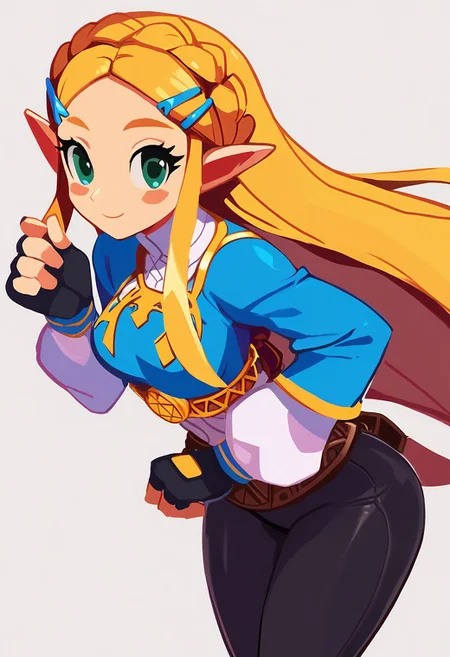 score_9, score_8_up, score_8, medium breasts, cute, eyelashes, princess zelda, long hair, crown braid, hairclip, pointy ears, blue shirt, long sleeves, fingerless gloves, black gloves, black pants, tight pants, green eyes, solo, looking at viewer, smile, blush,