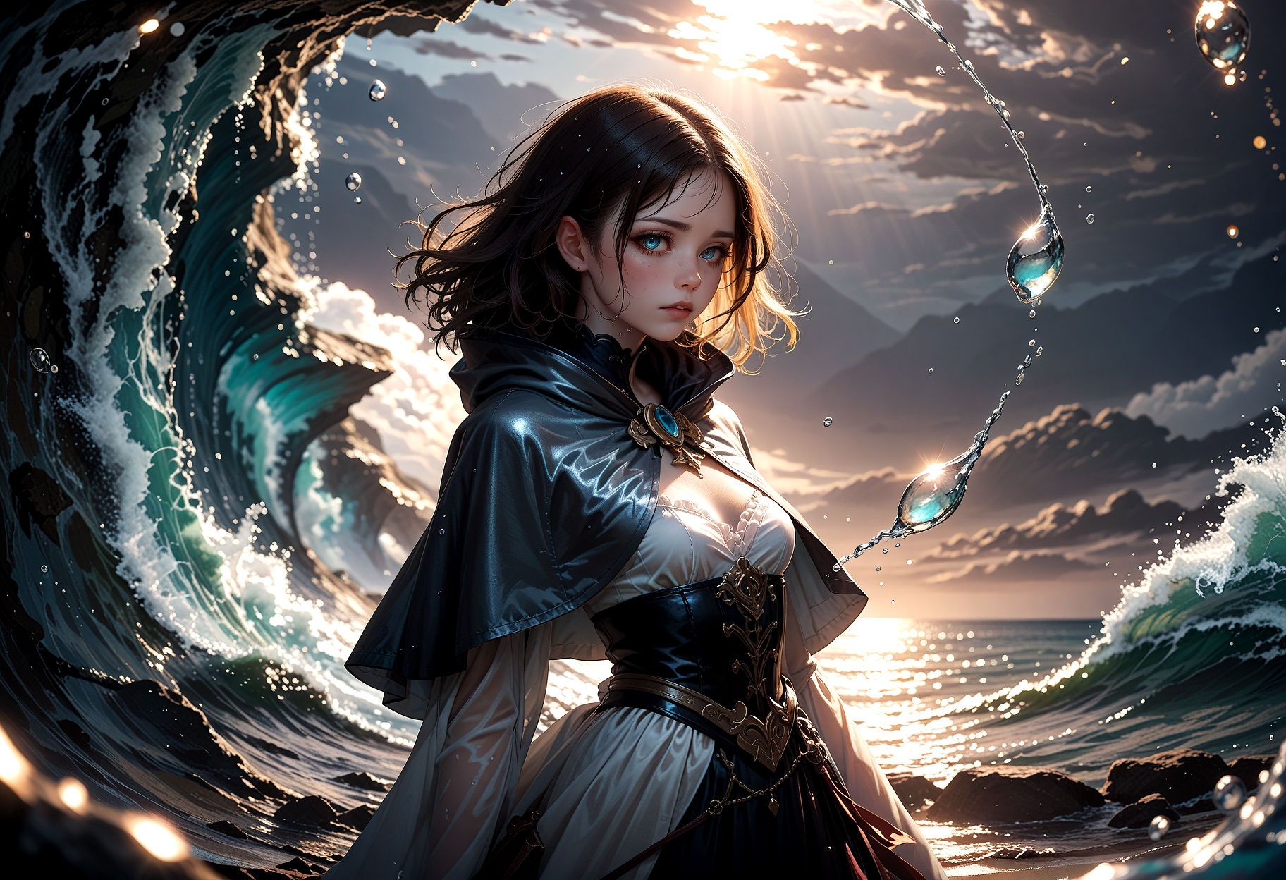 best quality, masterpiece, 1girl, medium breasts, (lower body), beach waves hairstyle, capelet, long skirt, sad waterenergydropstyle, embedding:style-swirlmagic, swirling water, cinematic lighting, looking at viewer,