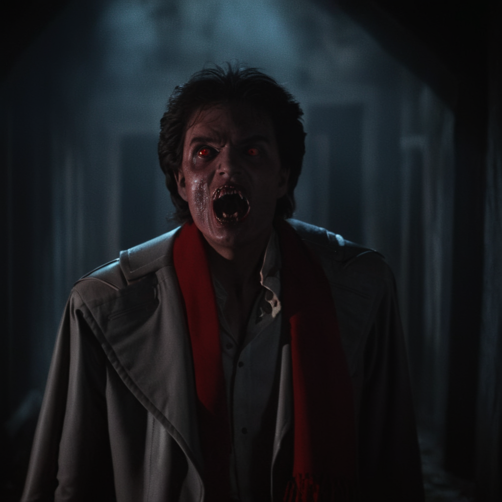 Horror-themed,  <lora:Fright Night 1985 style v2:0.9>
In the 1980's Cinematic Medium low angle Shot Film Footage captured by Panavision Cameras and Lenses,vampire creature,Jerry a vampire creature with a burned face and a red scarf and jacket and white shirt and vampire teeth and red eyes lenses,staring at camera with open vampire mouth in a dark basement room with perfect light on,Fright Night 1985 Film Style,solo,looking at viewer,open mouth,shirt,red eyes,1boy,hat,jacket,white shirt,upper body,male focus,teeth,formal,horror (theme) , horror themed, dark themed, low key light, dramatic light, dramatic shadow light, contrast, cinematic color, cinematic look, filmic, realistic, realism, perfection, perfect, Kodak, Kodak film, movie still, Fright Night 1985 style, Fright Night Film style, Eerie, unsettling, dark, spooky, suspenseful, grim, highly detailed