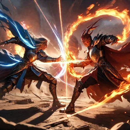 (best quality:1.1), (masterpiece:1.2), (realistic:1.2), (detailed:1.1), (highres, best quality:1.2), very aesthetic, absurdres, perspective from above
wlop miimalism
cinematic lighting , ((((duel, magical duel,)))), beautiful face, detailed face, wide shot,
BREAK, 1boy, devil, angry, red magic behind him, ((fire magic)), ((fire spell)), paladin, armor, wings,
BREAK, 1girl, human, grey magic behind her, ((wind magic)), ((wind spell)), ((tornado)), mage, mage clothes, anxious expression,
BREAK, casting spell, battle, war,