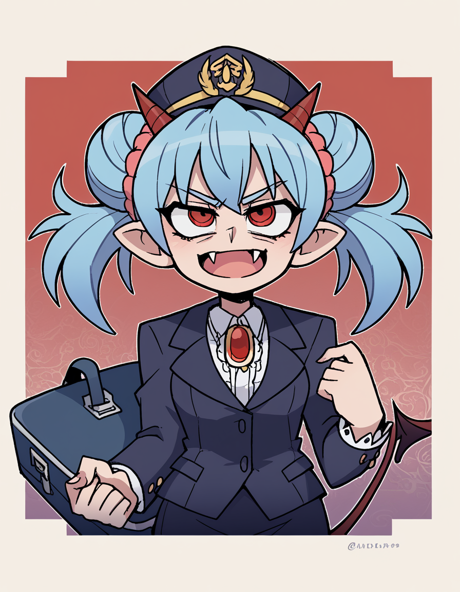 zPDXL, score_9, score_8_up, score_7_up, source_anime, 8k, absurdres, 
1girl, solo,  <lora:Vanitaker:1> vanitaker, <lora:Nullantwins:0.8> Zhuu, blue hair, red eyes, pointy ears, fangs, large fangs, red horns, demon tail, small breasts, (double bun, twintails),, flight attendant wearing Contemporary lavender uniform with a draped blouse, midi skirt, patterned stockings, lavender flats, flight attendant hat, rolling suitcase, upper body, portrait,