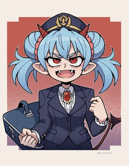 zPDXL, score_9, score_8_up, score_7_up, source_anime, 8k, absurdres,
1girl, solo, <lora:Vanitaker:1> vanitaker, <lora:Nullantwins:0.8> Zhuu, blue hair, red eyes, pointy ears, fangs, large fangs, red horns, demon tail, small breasts, (double bun, twintails),, flight attendant wearing Contemporary lavender uniform with a draped blouse, midi skirt, patterned stockings, lavender flats, flight attendant hat, rolling suitcase, upper body, portrait,