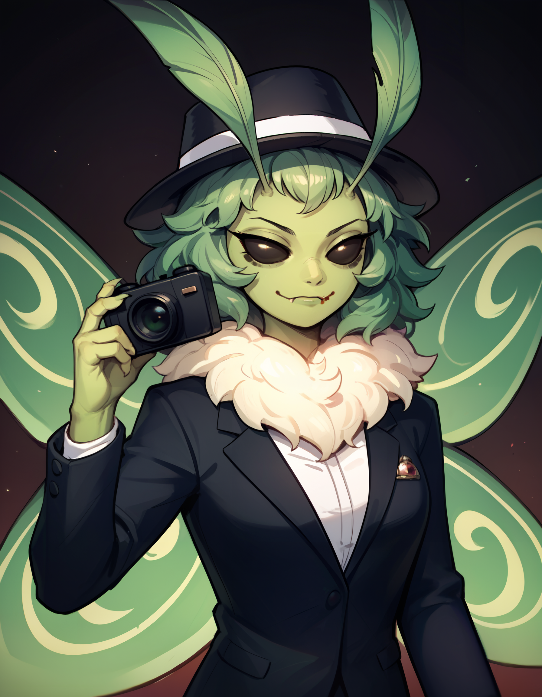 embedding:PDXL\zPDXL,(Masterpiece:1.4),(best quality:1.2),score_9,score_8_up,score_7_up,score_6_up,solo,dark background,blood on floor,1girl,ni4nchiki,moth girl,upper body,portrait,antennae,medium breasts,colored sclera,black sclera,moth wings,(fangs:0.7),(green skin:1),(green claws:0.7),wearing black business suit,wearing black hat,holding photocamera,noir                           <lora:MyTrainings\Temp\SS13\Nianchiki_XL_Pony.safetensors:0.7>   <lora:SDXL_Pony_Styles\FingergunToHead_XLPD.safetensors:1.0>