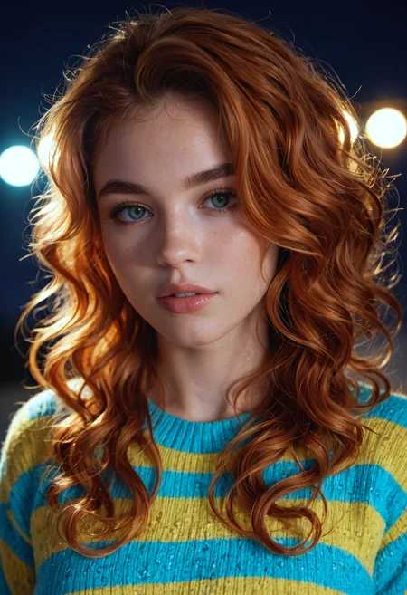 score_9, score_8_up, score_7_up, cinematic photo, close-up, 1girl, beautiful cute face, parted lips, curly ginger hair, natural eyebrows, pale skin, colorful sweater, multicolored clothing, illuminated by cool lights, blue lighting, purple lighting, teal lighting, soft glow, shimmer effect, sharp detail, fashion editorial, seductive gaze, high contrast, glowing atmosphere, dreamy lighting, atmospheric background, studio lighting, realistic face, photorealistic