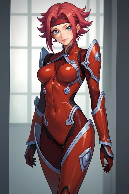 score_9, score_8_up, score_7_up, score_6_up, score_5_up, score_4_up, KallenStadfeldXL, blue eyes, red hair, short hair, flipped hair, red headband, medium breasts, cleavege, armor, red bodysuit, bodysuit sleeves, red gloves, bodysuit legs, bodysuit shoes, solo, standing, seductive smile, looking at viewer, indoors <lora:KallenStadfeldXL:0.8>