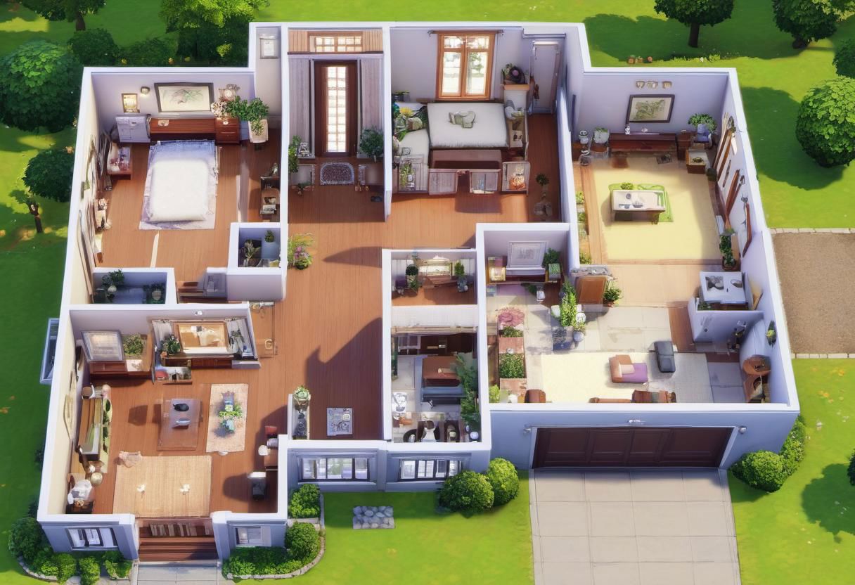 detailed plan for big pretty house with 2 bedrooms, livingroom, kitchen, bathroom and diningroom for the SIMS 4