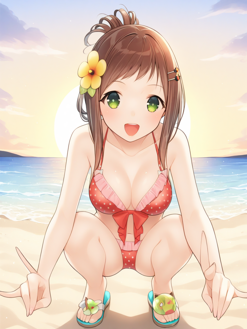 perfect quality,best quality,absolutely eye-catching,ambient occlusion,raytracing BREAK
1girl,<lora:sofia natu IL v1.1:1>,natu,polka dot bikini,ribbon,hair ornament,sandals,solo,ocean,beach,green eyes,updo,, perspective,macro_shot,bent_over,fox_shadow_puppet,outstretched_arms,squatting,_open_legs,
