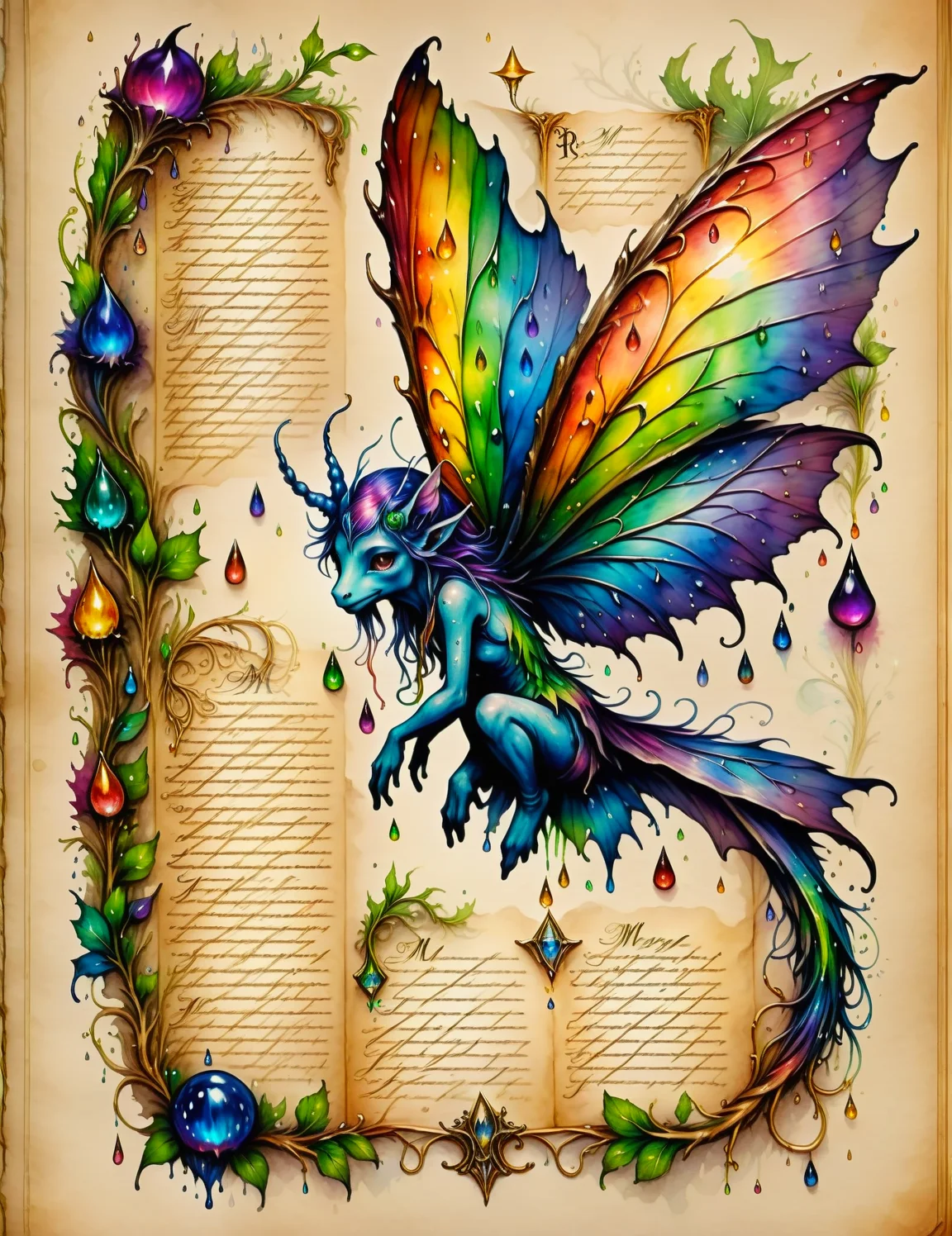 scientific illustration of a rainbow fae, fantasy illustrations <lora:SDXLInkStainsFinal:1> Inkstains, high quality, beautiful, highly detailed, 8k,wizard's manuscript, monster manual