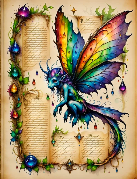 scientific illustration of a rainbow fae, fantasy illustrations <lora:SDXLInkStainsFinal:1> Inkstains, high quality, beautiful, highly detailed, 8k,wizard's manuscript, monster manual