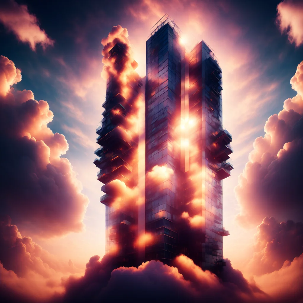 (cloudtowers style:1) a very tall building in the middle of some clouds <lora:djzCloudTowersV21:1>