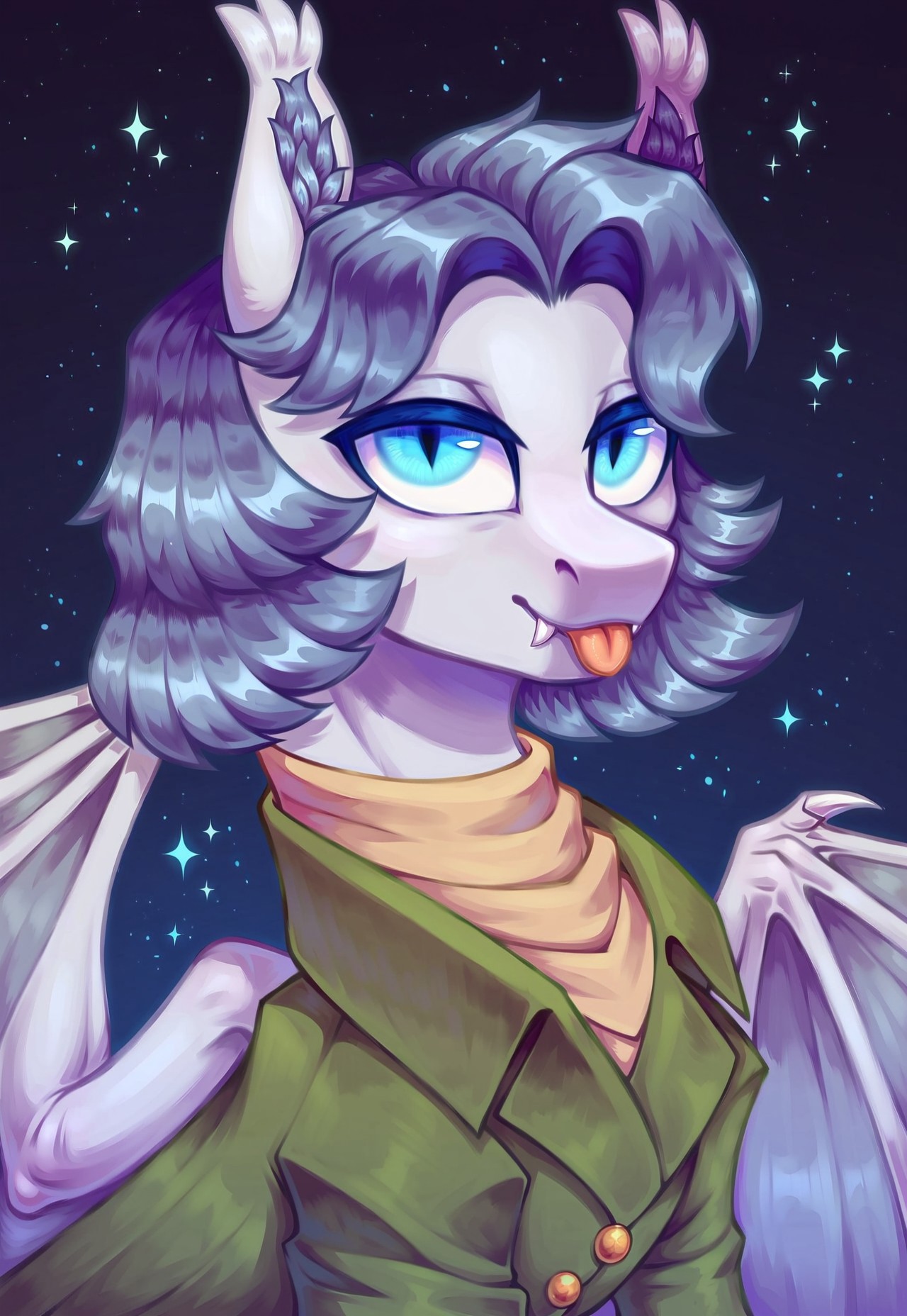 score_9_up, score_8_up, score_7_up, score_6_up, (best quality:1.1), ultra-detailed, high resolution, solo, Armed_Sage, bat pony, bat pony oc, mlp, feral, male, white fur, gray hair, gray mane, medium hair, animal ears, fluffy ears, ear fluff, blue eyes, long eyelashes, (cute expression, cute face:1.3), tongue out, :p, fang out, closed mouth, looking at viewer, dressed, portrait, abstract background, night sky, stars, night, moon, highly visible, sharp focus, anatomically correct