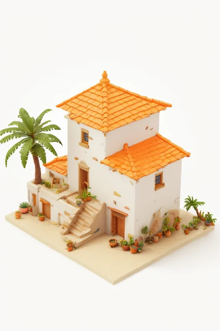 ((masterpiece, best quality)), high resolution, highly detailed, realistic, IsometricDesert, tree, no humans, window, plant, stairs, palm tree, door, potted plant, white walls, orange roof, tile roof, <lora:IsometricDesertXL:0.8>,